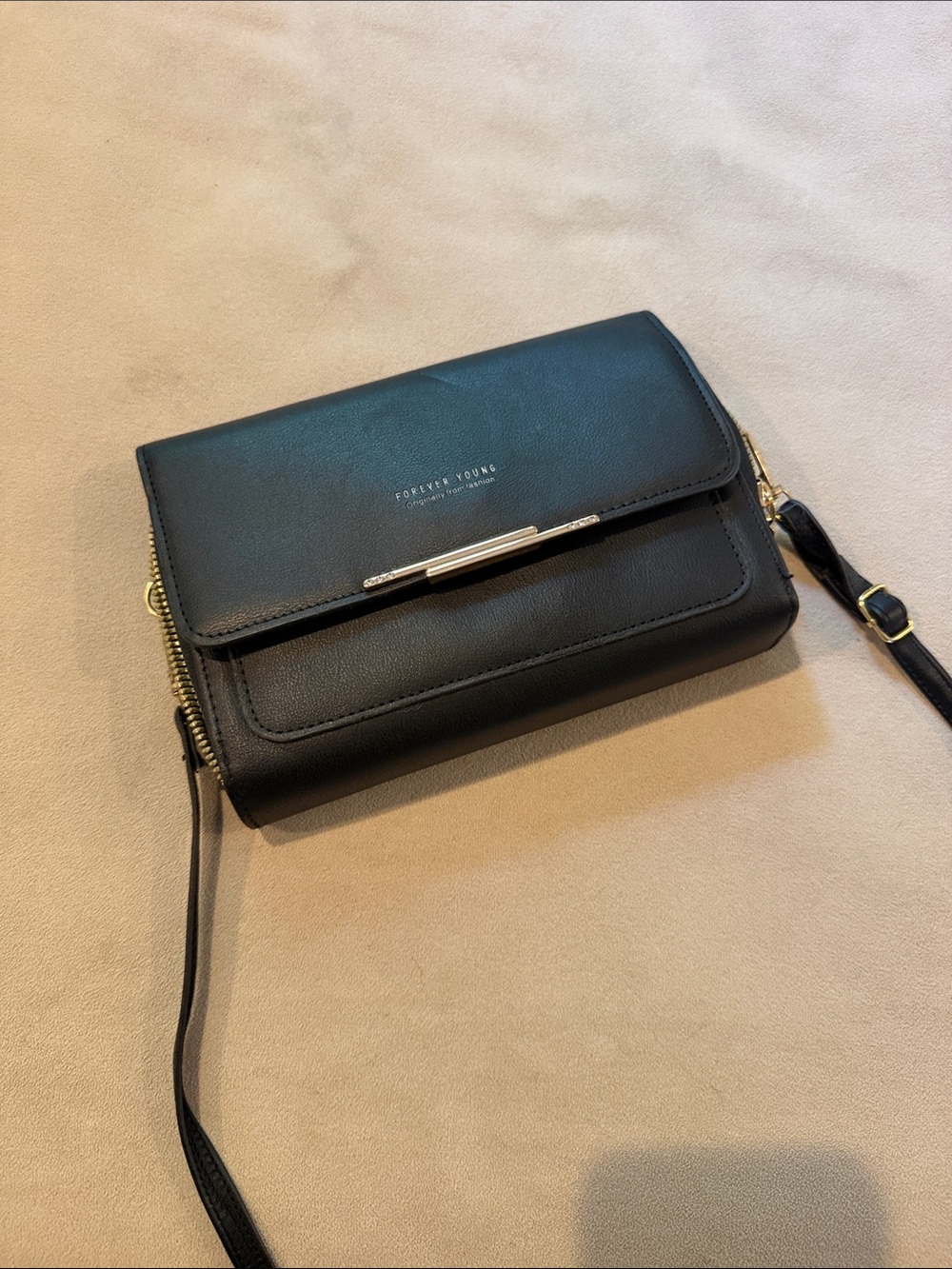 Forever Young Black Leather Crossbody Wallet with Gold Hardware